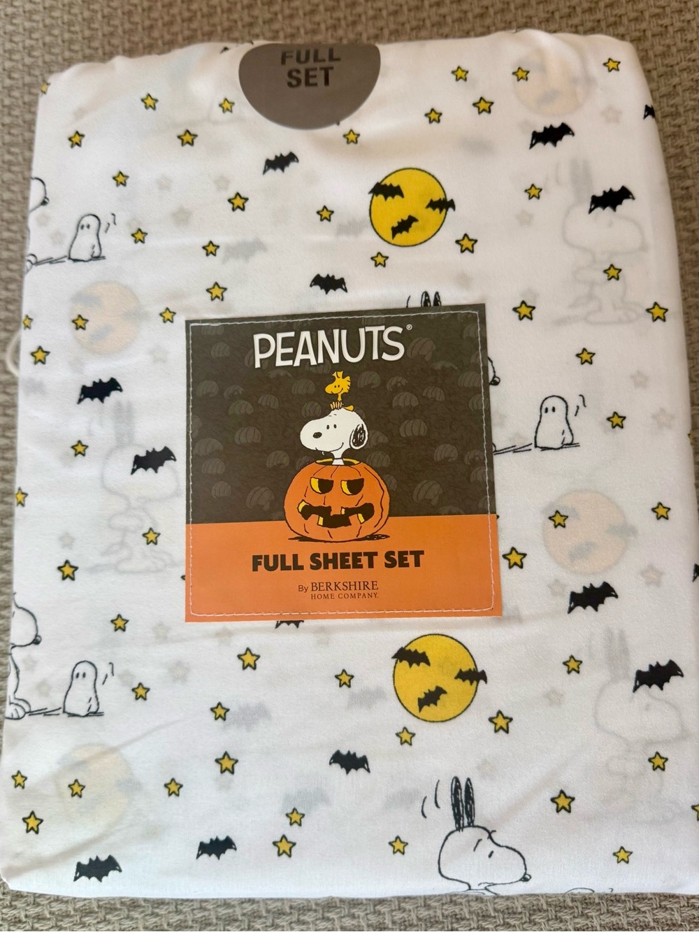 PEANUTS Snoopy FULL SHEET SET Halloween Bats Full Moon Stars Ghost Scary NWT
